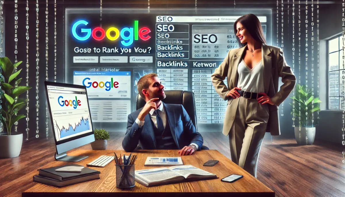 Client demandant un bon classement Google sans réaliser la complexité du SEO, face à un expert en marketing digital.